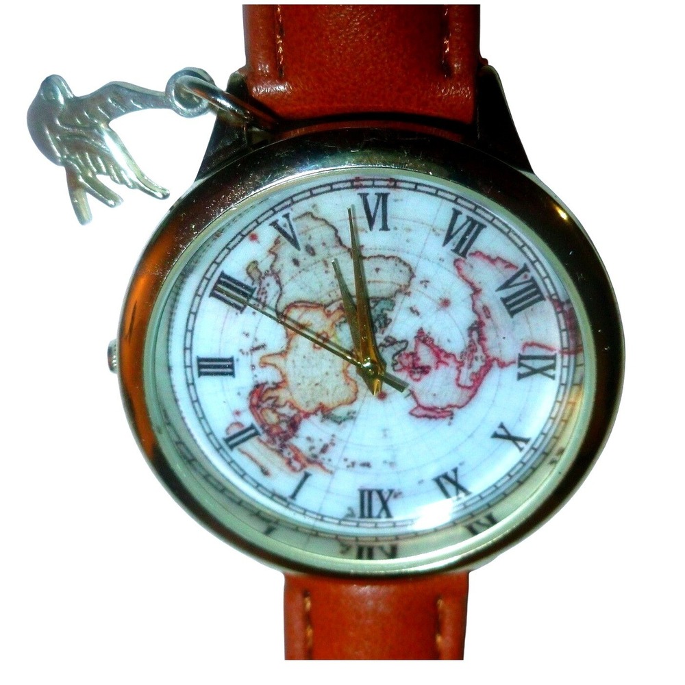 Accutime World Map Dial Watch Bird Charm PC21J Japan Movt Gold Tone New Battery